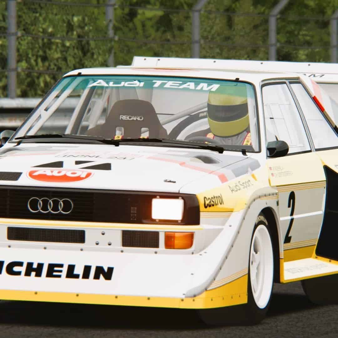 Legendary Audi S1 E2 rally car driving in virtual Nürburgring track hired with mobile simulator in Hamburg, Germany.