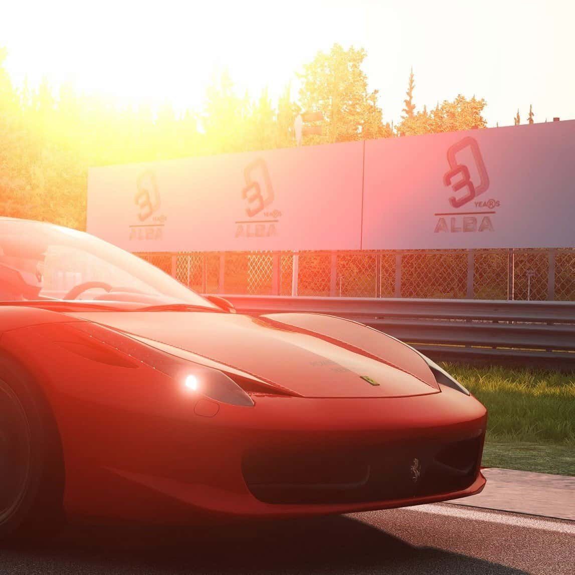 Graphics from a Ferrari racing car simulation rental for company in Italy. Racing simulation with ferrari 458 next to Monza.