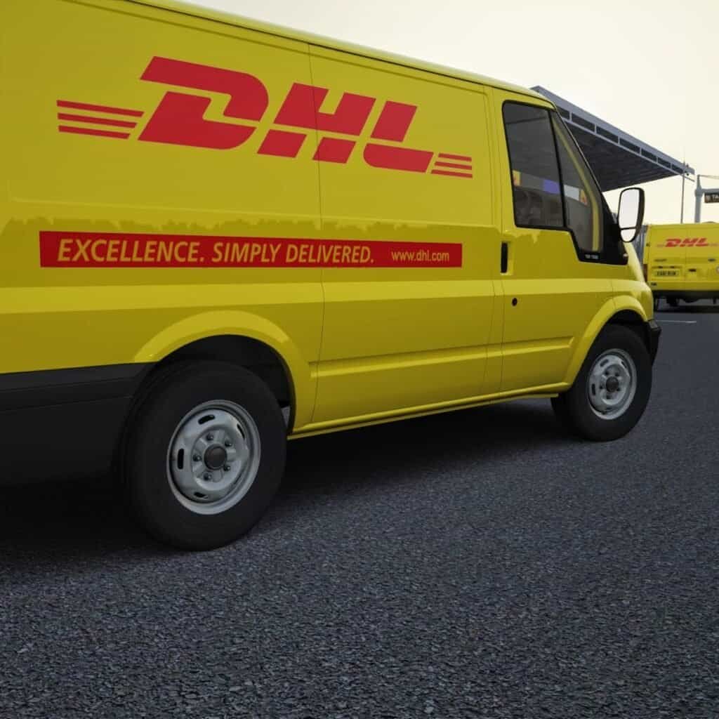 DHL Express virtual VAN branded on a virtual racing track simulated in Brno, Czech Republic hired with motion and VR.