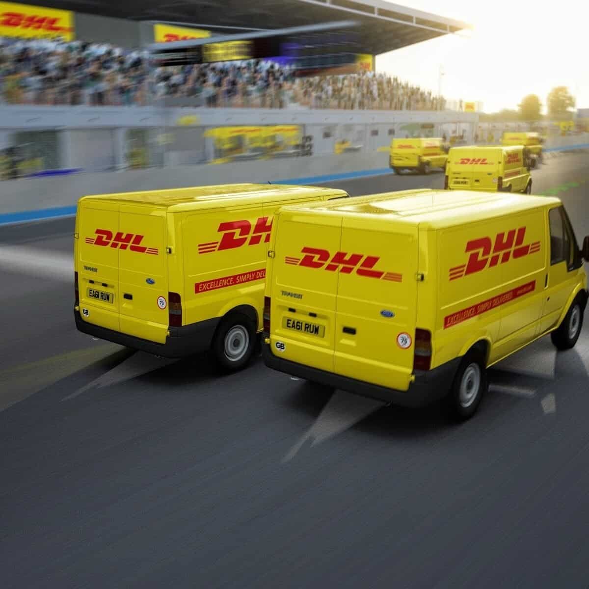 Two DHL vans in head to head race in a virtual racing experience hired for event in London, UK.