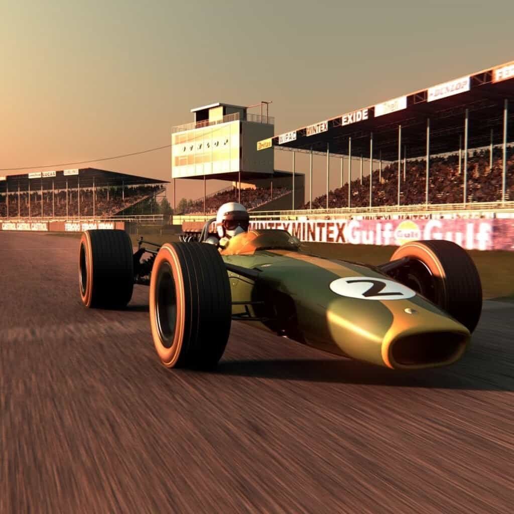 Green old lotus virtual racing experience in United Kingdom race simulation, Silverstone racing track.