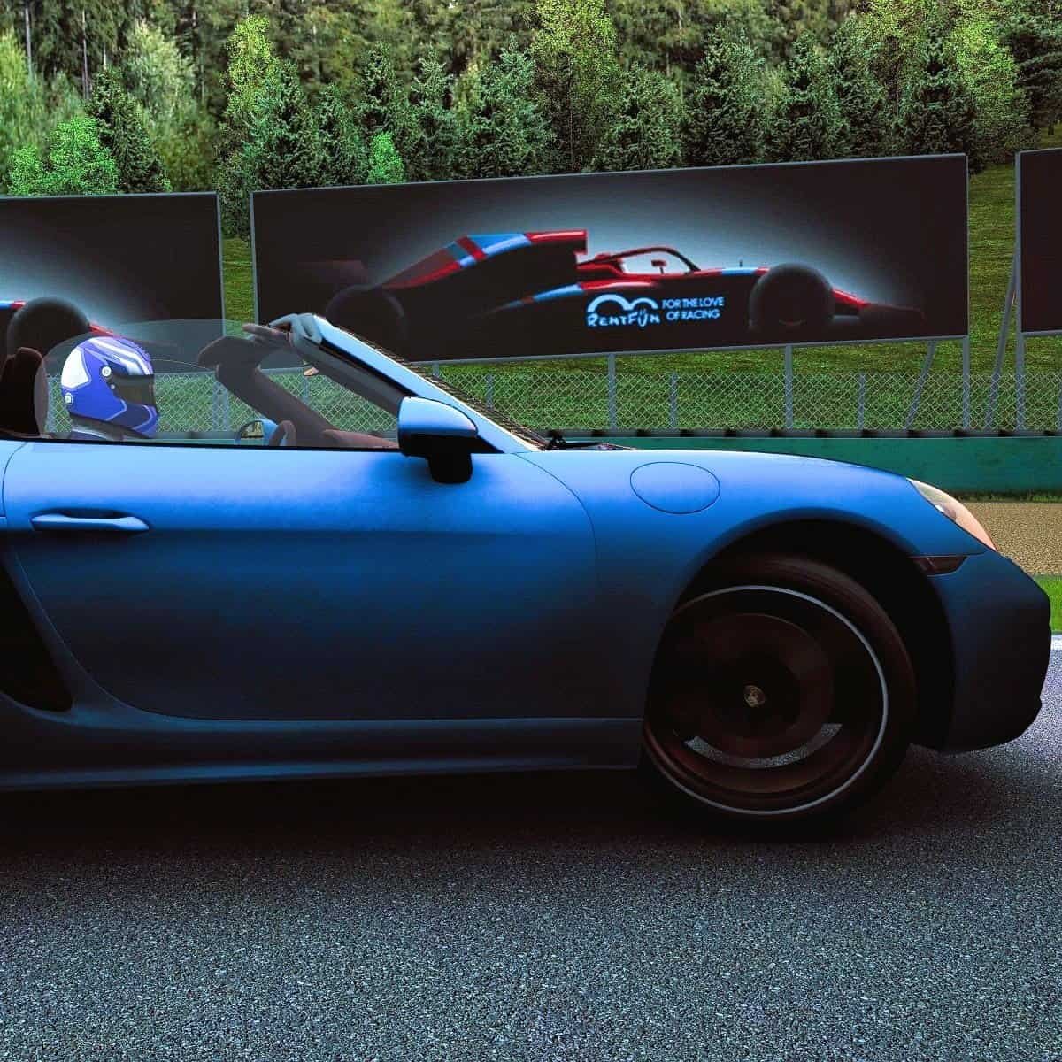 Blue Porsche Boxster driving in virtual Hockenheimring track with sim rental hire in Munich, Germany.