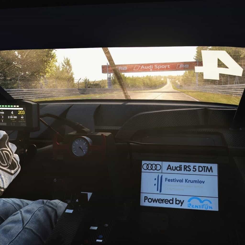 Inside virtual Audi RS5 DTM car in Nordschleife for racing simulator hire in Frankfurt, Germany.