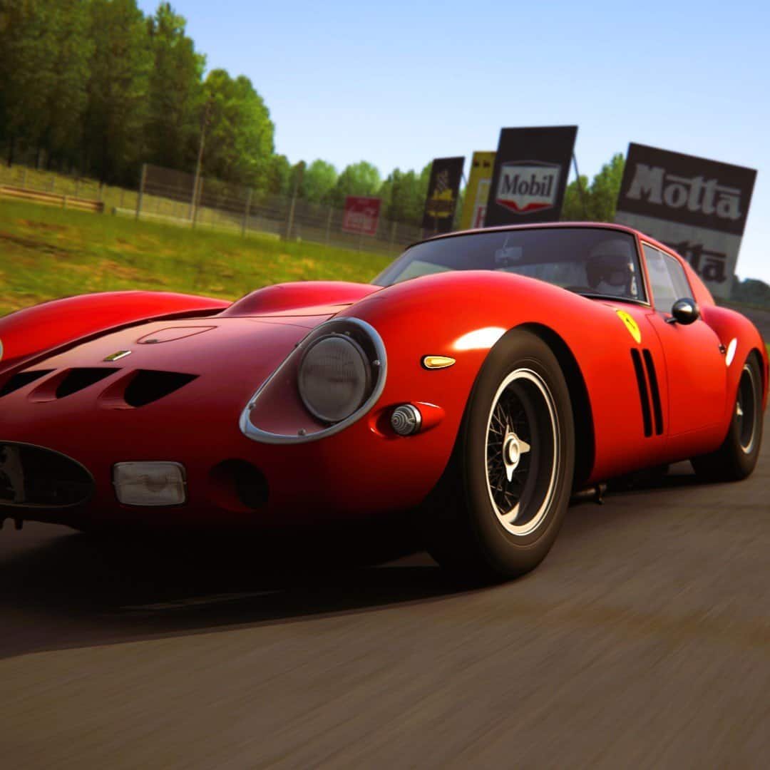 Old red Ferrari 250 GTO in a virtual racing simulator rental in Monza 1966 racing track, Italy.