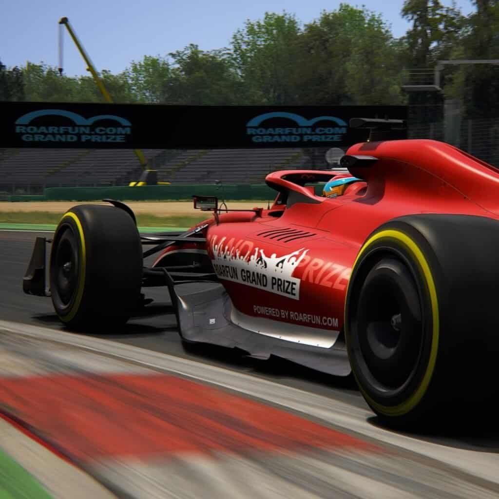 Red fast car in a virtual experience racing in Italy race simulation, Monza racing track.