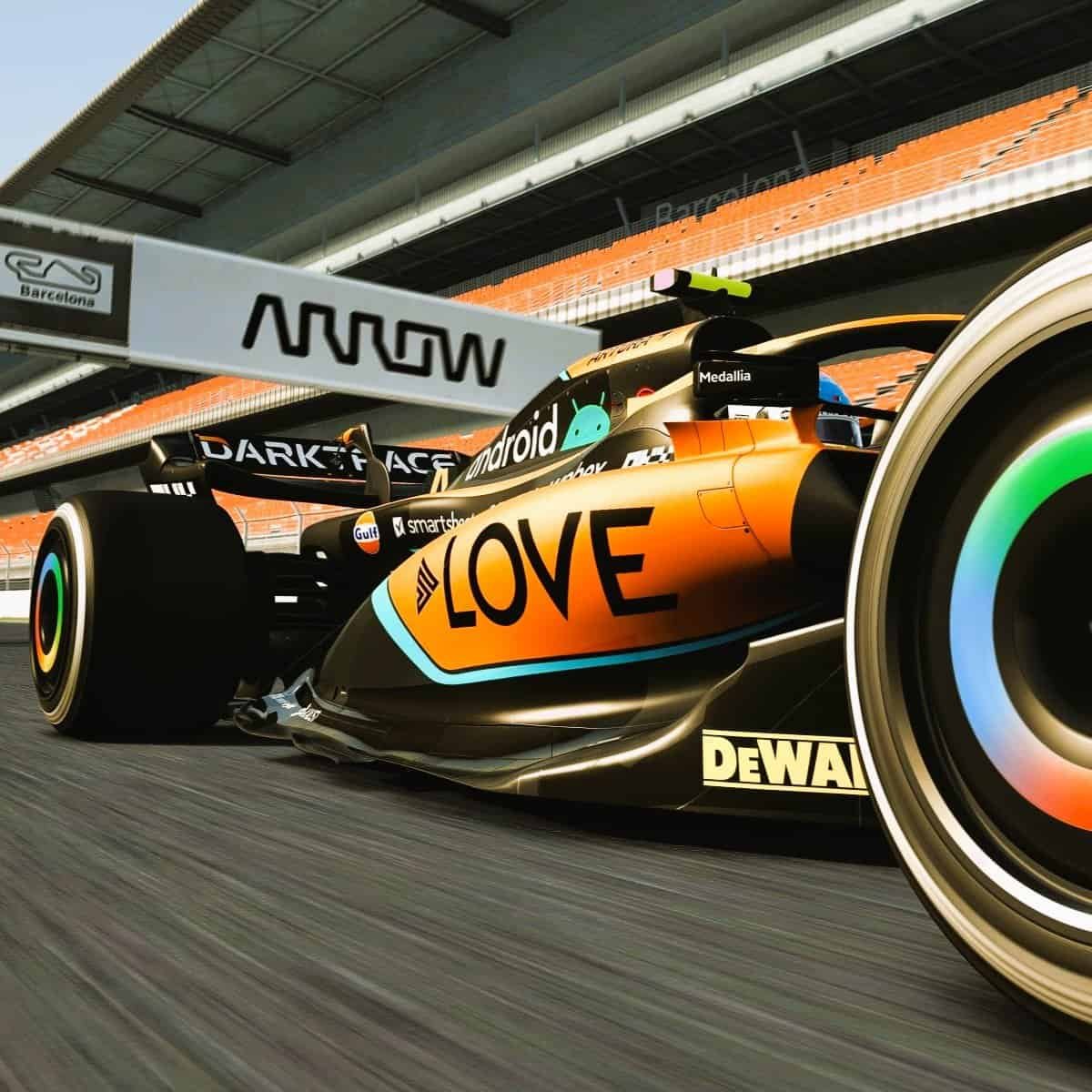 F1 branded virtual car with Arrow Love sponsors RoarFun branding.