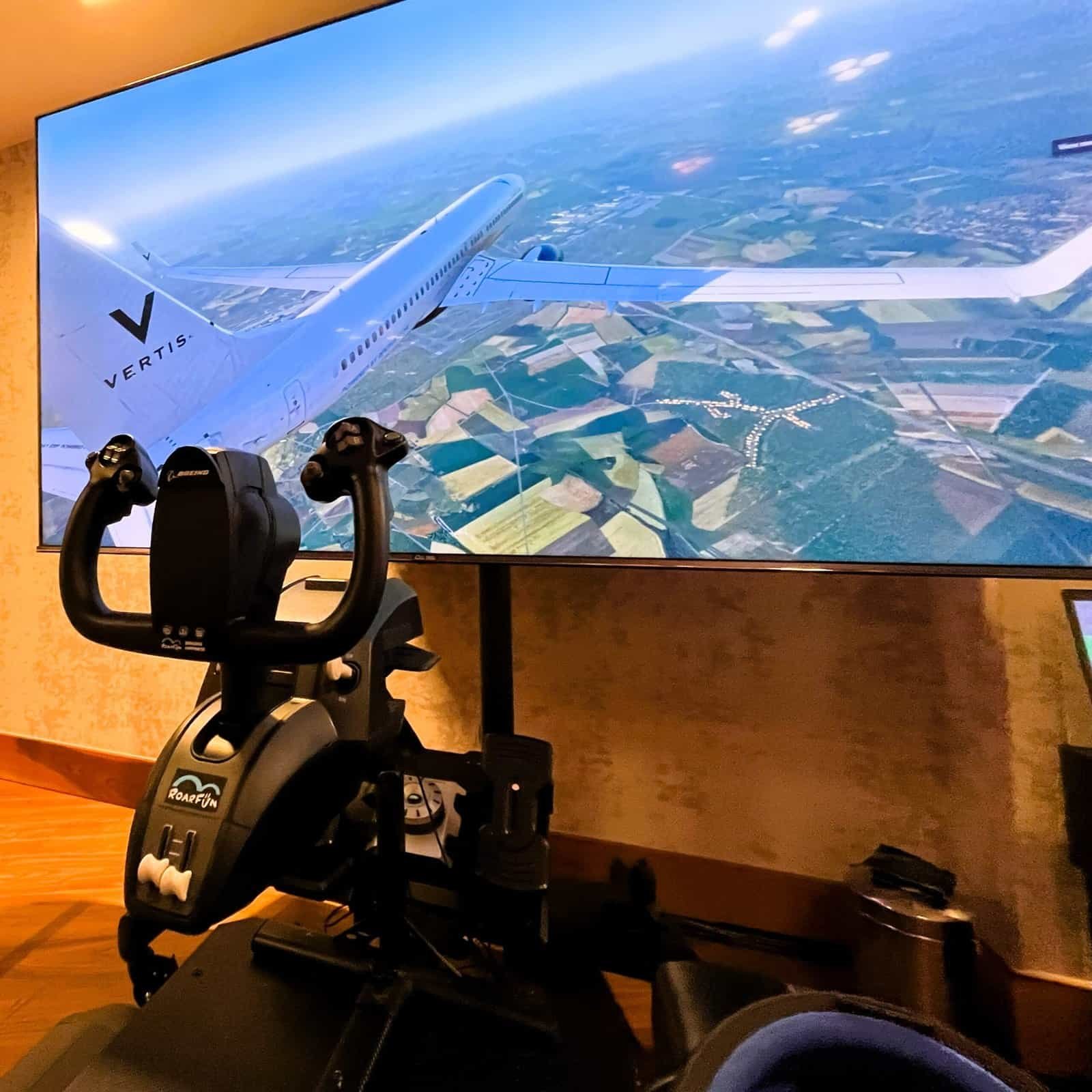 Boeing controls for the motion flight simulator at the heathrow aviation event.