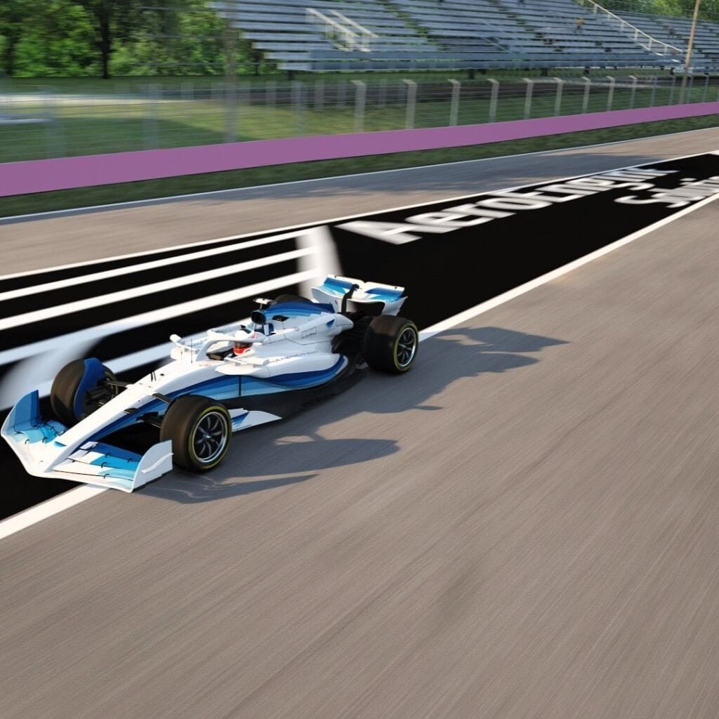 Dynamic virtual racing track with our clients logo for a F1 simulator rental in Chicago, Illinois, USA.